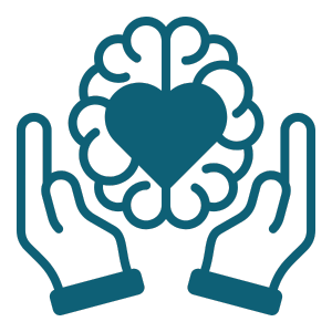 Icon of hands holding a brain with a heart